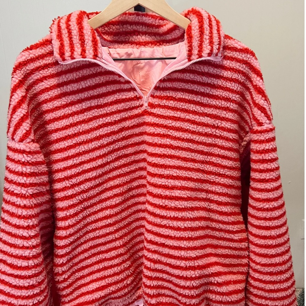 Cozy Striped Half-Zip Sweater Jacket - Pink/Red